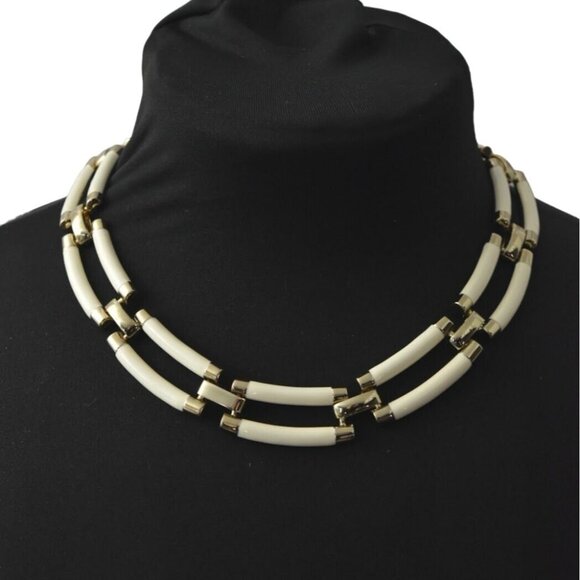 Vintage St Thomas Choker Necklace White Enamel Gold Tone New Old Stock - Picture 2 of 5